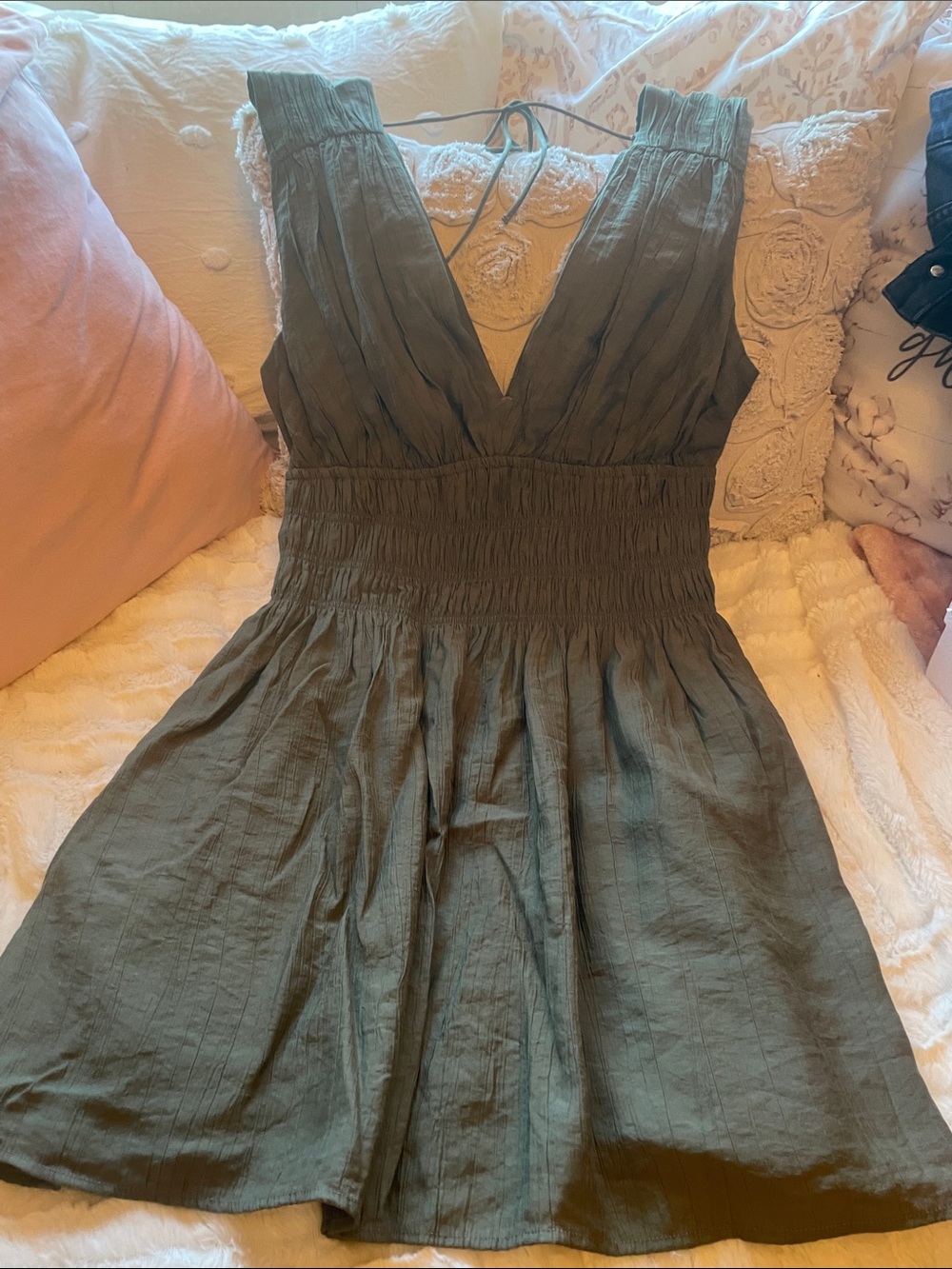 Abercrombie & Fitch Olive Green V-Neck Smocked Waist Mini Dress
